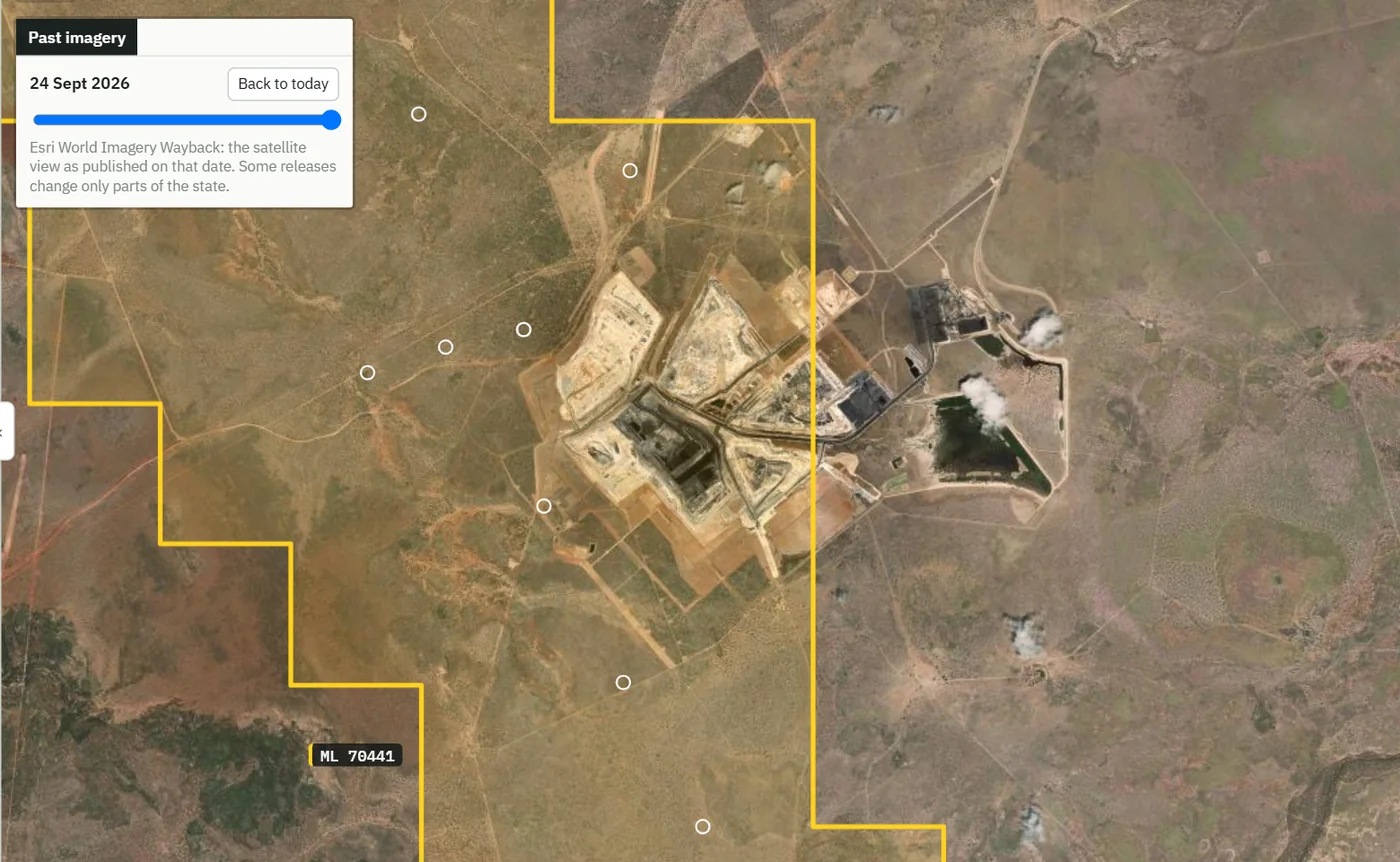 Carmichael coal mine in 2026, Esri World Imagery Wayback