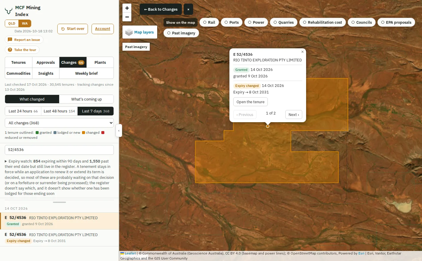 The WA edition's Changes tab with Rio Tinto's newly granted exploration licence E 52/4536 outlined on the map