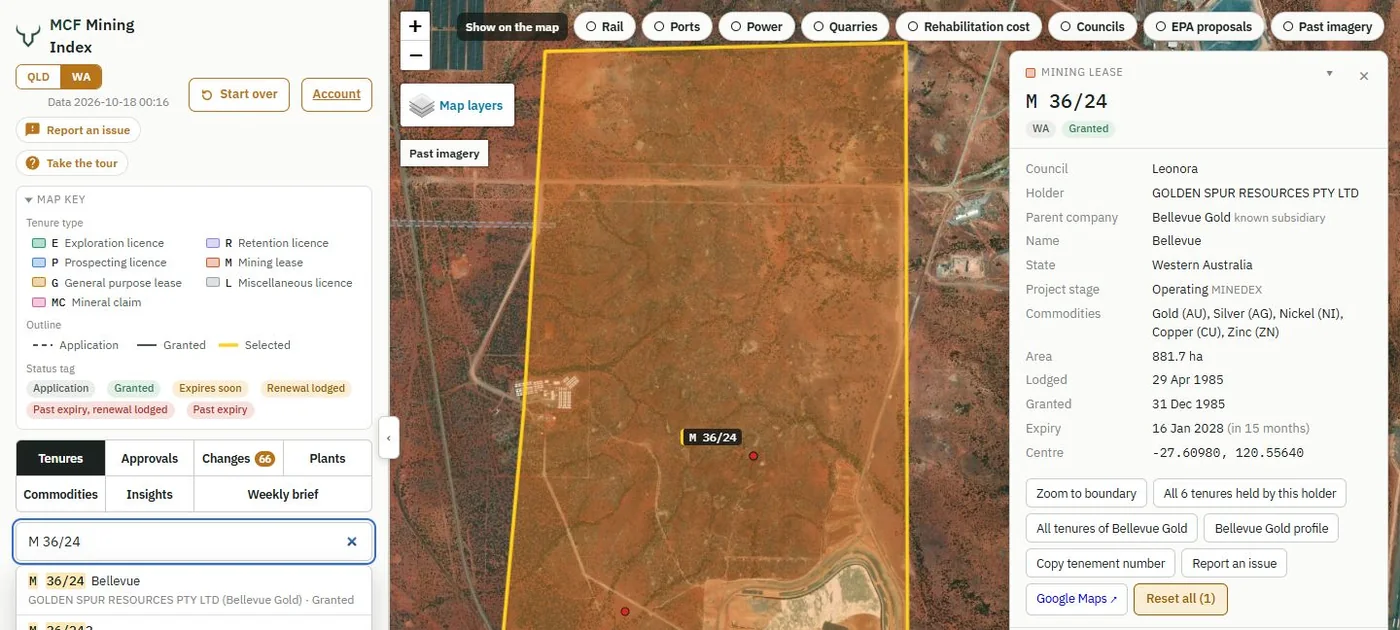 WA mining lease M 36/24 at Bellevue with its holder, parent company and MINEDEX project stage